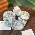 Morandi grey-green plaid oversized scrunchie with ALLINE label on wooden table - Green Edge Gray Green Plaid