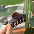 Close-up of translucent amber resin hair claw clip in natural sunlight outdoor - Glossy Red Brown