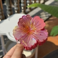 Detailed macro view of a pink laser flower hair claw clip with a glossy gradient finish - Five-Petal Claw / Rose Pink Yellow Laser-Yellow Stamen