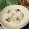 Lace scrunchie with red cherry embroidery and handmade label in a ceramic tray - Single Layer Embroidered Cherry (5935464331362)