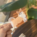 Close-up of Corgi shaped acetate hair claw clip with orange and white pearl texture - Full Body Corgi Claw Clip
