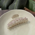 Floral resin hair claw clip in cream white marble finish with pink rhinestone flowers - White - Rhinestone Pink Flower