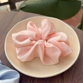Elegante coletero de satén de seda rosa pálido en un plato cerámico con fondo de madera - Rosa Sakura
