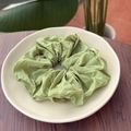 Primer plano de un coletero verde hierba con textura plisada suave en plato de cerámica - Verde Frijol