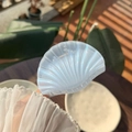 Detail of a pearlescent light blue shell-shaped hair claw clip with iridescent finish - Sparkling Blue Clear Shell Claw