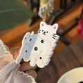 Acetate hair claw clip featuring a white cat with black polka dots and pink ears design - White (Black Polka Dots)
