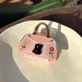 Pink bear handbag shaped hair claw with flower patterns and white stitching details - Pink Bear Handbag Style