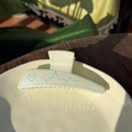 Pale yellow plastic hair claw clip with blue heart and heartbeat line pattern - Creamy Yellow (White Base Blue Signal)
