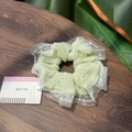 Macro detail of light green knitted hair scrunchie with white printed lace edges - White Mesh Edge Mint Green Plaid Hair Tie