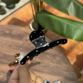 Détail d'une pince à cheveux noire en acétate avec strass multicolores à la lumière du jour - Noir