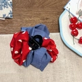 Polka dot denim blue hair claw clip with cherry theme in French retro style - Red White Polka Dot Denim Blue Contrast Retro Hair Claw