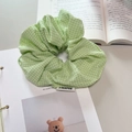 Nahaufnahme eines grün karierten Haargummis mit Markenetikett auf einem Notizbuch - Klassisches Grasgrün Gingham