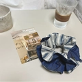 Blue and white striped scrunchie in oversized pleated design on a neutral desk - Blue Striped Double Layer Scrunchie