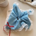 Chouchou à carreaux bleu et blanc avec bordure en dentelle et nœud rouge élégant - Chouchou En Dentelle À Carreaux Bleus Nœud Rouge