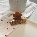 Brown flower cellulose acetate hair claw with marble texture and gold label logo - Approx 6cm / Caramel Flower - Blue Brown
