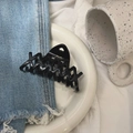 Détail de la pince à cheveux noire brillante avec logo doré Barrette la France - Griffe Queue de Phénix Étiquette Dorée / Noir