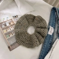 Olive green knitted scrunchie with colorful candy specks on a minimalist background - Single Layer Candy Speckled Woolen Scrunchie / Milk Grey