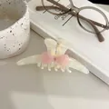 Elegante molletta per capelli in acetato con fiocco rosa e cristallo su sfondo crema - Fiocco Rosa Pinza Orecchia Coniglio Bianco