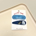 Close-up of cat-themed hair clips with blue cartoon illustrations and lazy time text - Three Coffee Cats-Striped Snap Clip