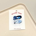 Detail of two-piece cat and heart hair clips set in navy and light blue on display card - Navy White-Cat Hollow Oval-Mini Side Clip
