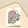 Detailed view of grey cat heart hair claw with pink rhinestones and a lazy time card - Grey Red-Pink Rhinestone-Cat Coffee Claw Clip