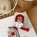 Detail shot of a dark red hair claw clip featuring a cute white puppy and a mini apple - Red Apple Plaid Bow Claw