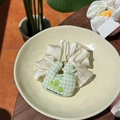 Cream satin scrunchie with green plaid rabbit ears and cute green apple pattern print - Apple Rabbit Green Gingham Scrunchie