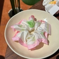 Cream satin hair scrunchie with pink ruffle edges and green apple prints for women - Pink Edge Apple Scrunchie