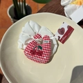 Fresh white scrunchie with red checkered cherry charm and delicate bow detail - Cherry Rabbit Red Gingham Scrunchie