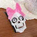 Unique skull hair clip with pink translucent bow and pearlescent white finish - Pink Bow Skeleton