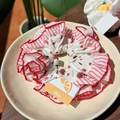 Sweet cherry print hair scrunchie with red and white striped pleated edge detail - Red Edge Stripe Cherry Double Scrunchie
