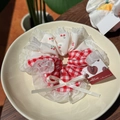 Plaid and cherry print scrunchie with a white ribbon bow and lace trim in a ceramic dish - White Mesh Bow Red Gingham Cherry Scrunchie