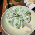 Silk scrunchie with green Granny Smith apple print in a ceramic plate on wooden table - Green Apple Orchard Scrunchie