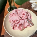 Pink satin scrunchie with cherry print pattern and family photo label accessory - Cherry Sakura Pink Scrunchie