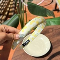 Summer lemon print headband with yellow fruit and green leaves on light fabric - Lemon Orchard Moonlight White Headband