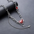 Gelaagde zilveren punk halsketting met getextureerd rood hart en ster hanger - Kruis Hart Halsketting (L703-A)