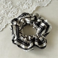 Vintage satin scrunchie with beige and black heart patterns and striped texture - Black and White (Scrunchie)