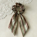 Vintage style satin scrunchie with long bow tassel in green and brown geometric patterns - Dark Coffee (With Ribbon)