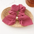 Detail van rood-wit gestreepte chiffon scrunchie met gouden metalen ring in geweven mand - Gestreept Met Gesp (Wijnrood) / Bordeauxrood