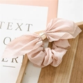 Detail of pink and white striped chiffon scrunchie with bow and gold metal buckle - Pink