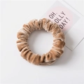 Soft velvet hair scrunchie in light brown with pleated texture and high elastic band - Khaki