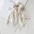 Detail of cream hair scrunchie with metallic silver stripes and golden metal buckle - Cream With Silver Wire