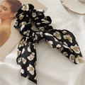Leopard print chiffon ponytail hair tie with long ribbons on white knit background - Leopard Print Knot Black
