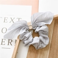 Striped chiffon bunny ear scrunchie in grey and white with elegant gold metal ring - Blue