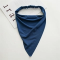 Navy blue elastic triangle hair scarf in soft knit fabric shown on a white magazine - Cotton Headscarf Blue