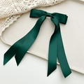 Elegant dark green satin bow hair scrunchie with long ribbons on a white decorative tray - Streamer Bowknot Hair Clip / Double Layer Dark Green