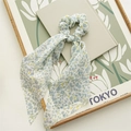 Floral elastic scrunchie with long ribbons in soft light blue and yellow pattern - Blue Floral Streamer