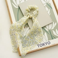 Elastic yellow floral hair scrunchie with long ribbon tails and sweet daisy pattern - Yellow Floral Streamer