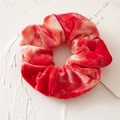 Plush velvet tie-dye scrunchie in red and white tones with soft elastic hair tie - Red Tie-dye