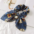 Deep blue satin hair scrunchie with ethnic patterns and a large pearl pendant detail - 5# Floral Navy Blue